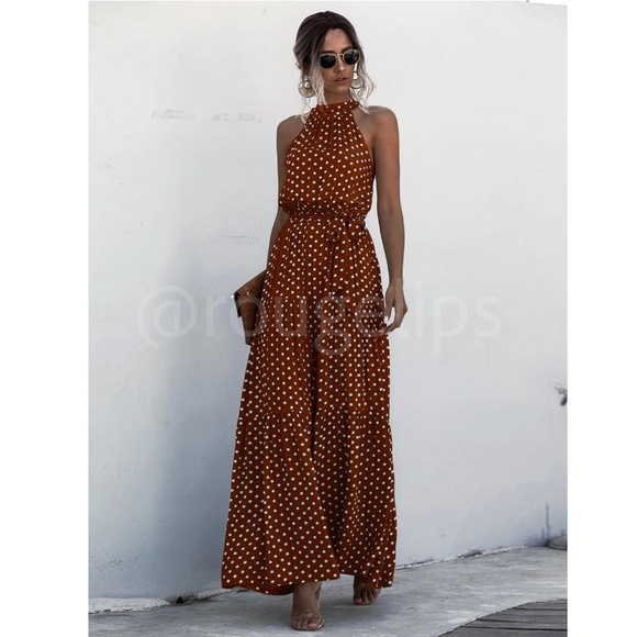 Polka Dot Brown Maxi Dress Tie Belt High Halter Neck - Picture 4 of 8